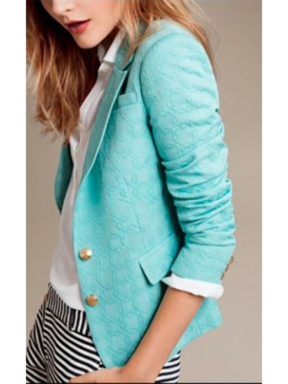 Banana Republic Textured Blazer Jacket Women's Size 2Petite Aqua Gold Button